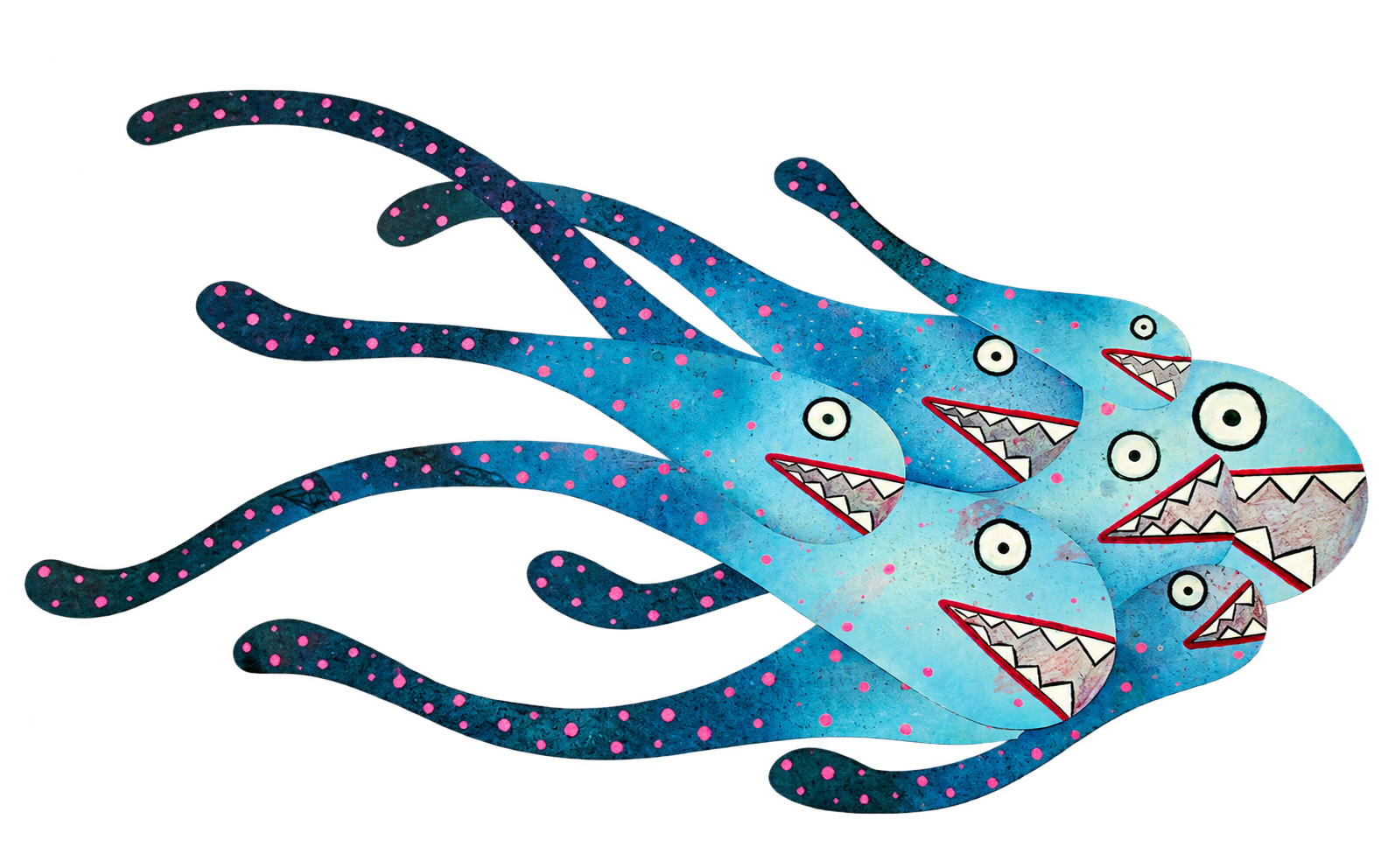 Original artwork by Ingrid: overlapping turquoise monsters with long tails, pink dots, and toothy grins
